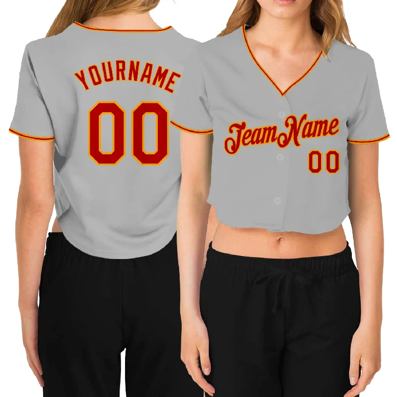 Vintage baseball jerseys for collectorsCustom Women's Gray Red-Gold V-Neck Cropped Baseball Jersey