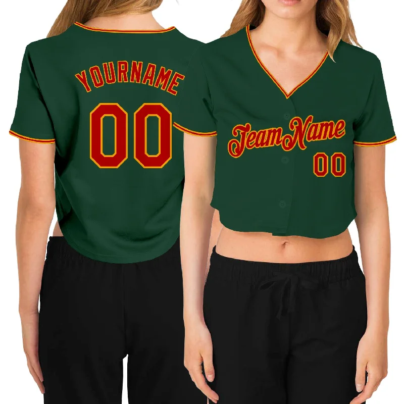 Youth baseball jerseys for boysCustom Women's Green Red-Gold V-Neck Cropped Baseball Jersey