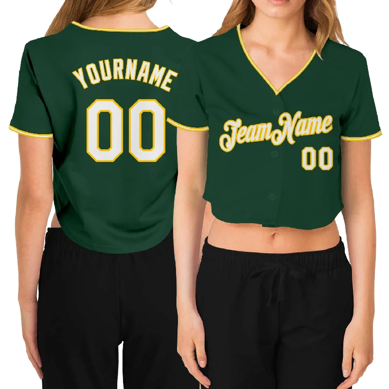 Personalized baseball jerseys for menCustom Women's Green White-Gold V-Neck Cropped Baseball Jersey