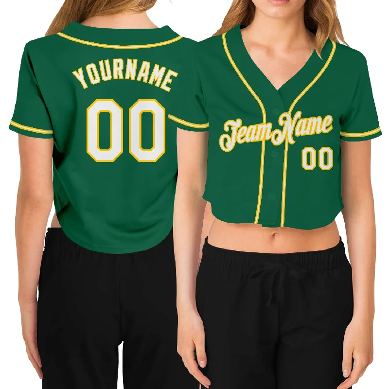 Youth baseball jerseys for boysCustom Women's Kelly Green White-Gold V-Neck Cropped Baseball Jersey