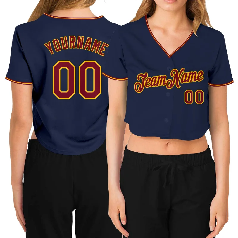 Comfortable baseball jerseys for warm weatherCustom Women's Navy Crimson-Gold V-Neck Cropped Baseball Jersey