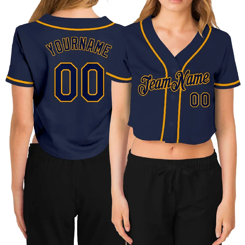 Comfortable baseball jerseys for warm weatherCustom Women's Navy Navy-Gold V-Neck Cropped Baseball Jersey