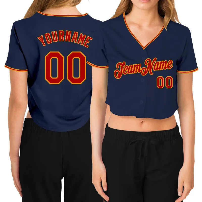 Baseball jerseys for summer leaguesCustom Women's Navy Red-Gold V-Neck Cropped Baseball Jersey