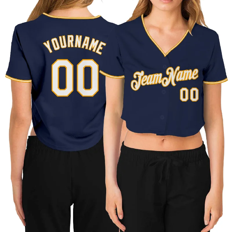 Youth baseball jerseys for boysCustom Women's Navy White-Gold V-Neck Cropped Baseball Jersey