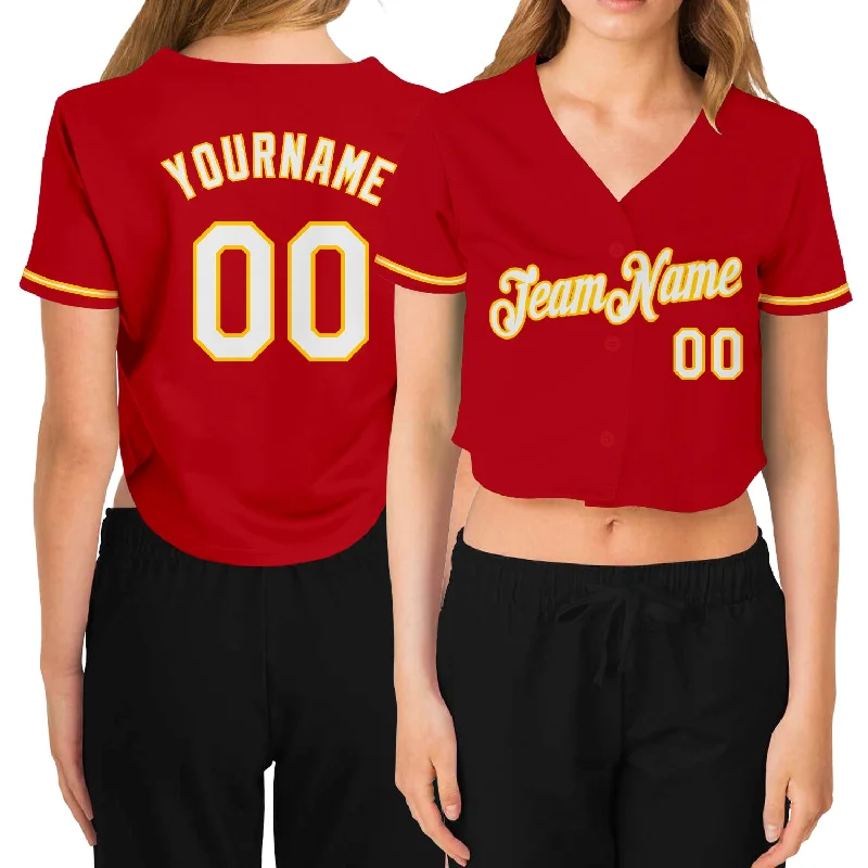 Softball team jerseys for womenCustom Women's Red White-Gold V-Neck Cropped Baseball Jersey