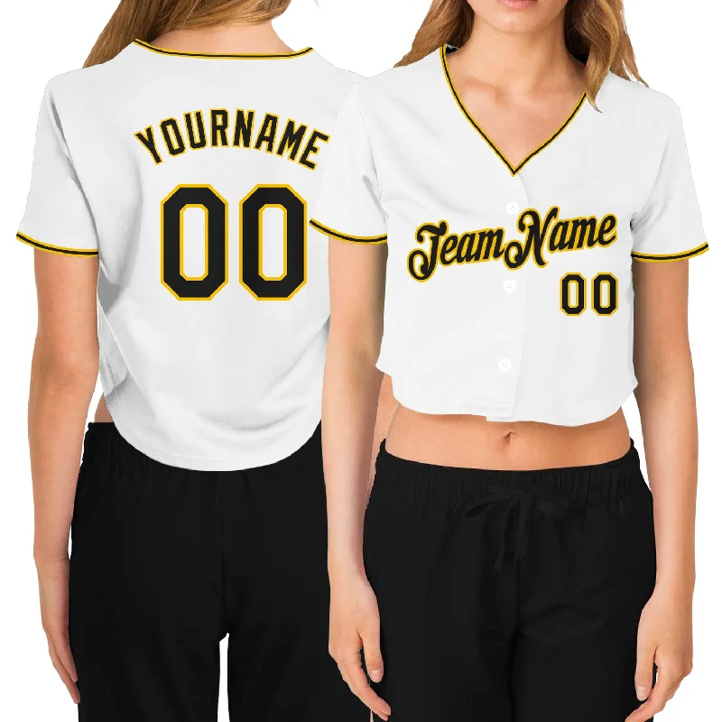 Baseball jerseys for summer leaguesCustom Women's White Black-Gold V-Neck Cropped Baseball Jersey