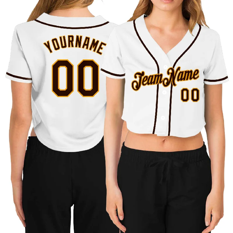 Vintage baseball jerseys for collectorsCustom Women's White Brown-Gold V-Neck Cropped Baseball Jersey