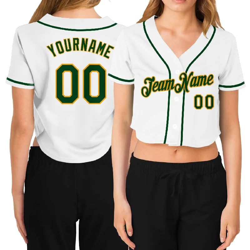 Youth baseball jerseys for boysCustom Women's White Green-Gold V-Neck Cropped Baseball Jersey