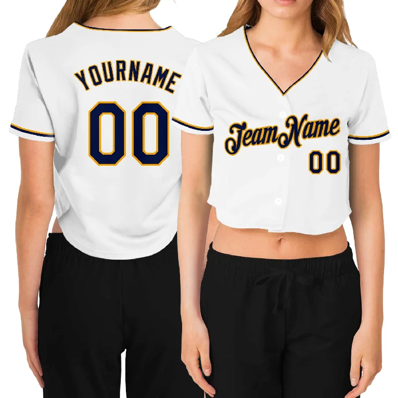 Premium quality baseball jerseys for adultsCustom Women's White Navy-Gold V-Neck Cropped Baseball Jersey