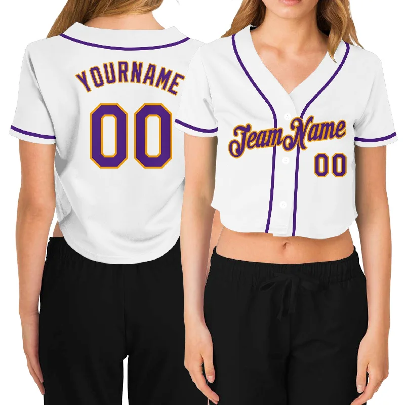 Baseball jerseys for youth athletesCustom Women's White Purple-Gold V-Neck Cropped Baseball Jersey