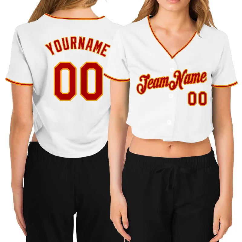 Custom baseball jerseys for teamsCustom Women's White Red-Gold V-Neck Cropped Baseball Jersey