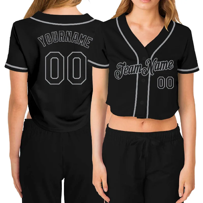 Customizable baseball jerseys with name and numberCustom Women's Black Black-Gray V-Neck Cropped Baseball Jersey