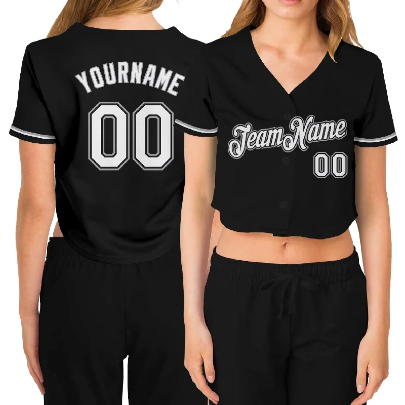 Custom baseball jerseys for teamsCustom Women's Black White-Gray V-Neck Cropped Baseball Jersey