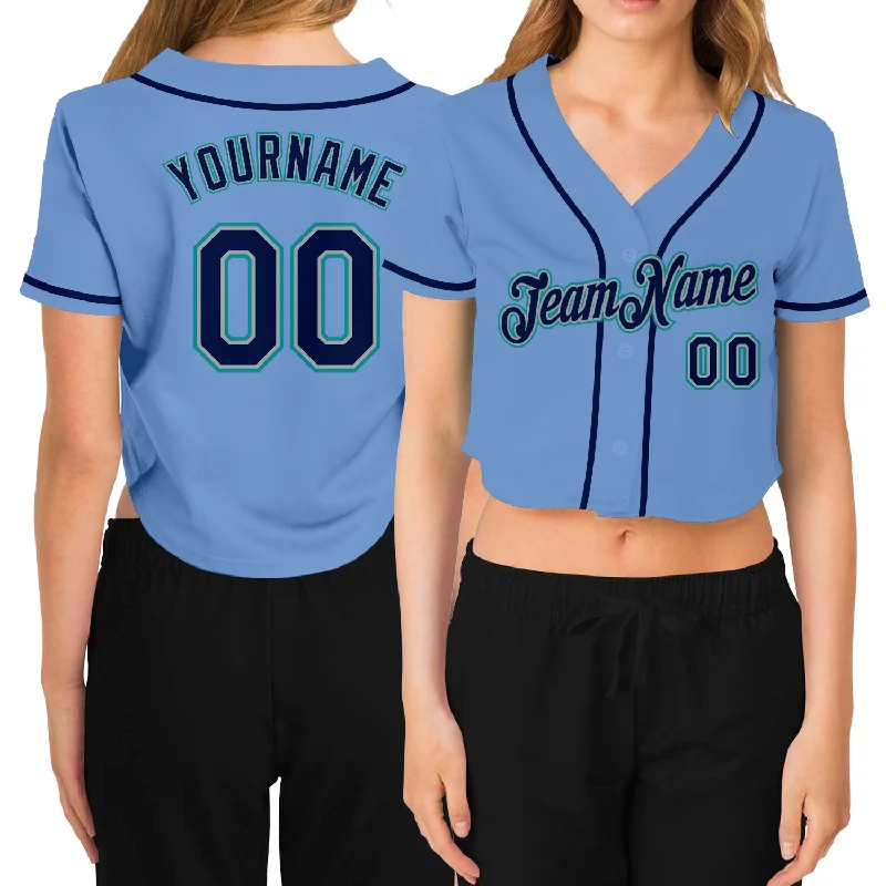 Baseball jerseys for youth athletesCustom Women's Light Blue Navy Gray-Aqua V-Neck Cropped Baseball Jersey