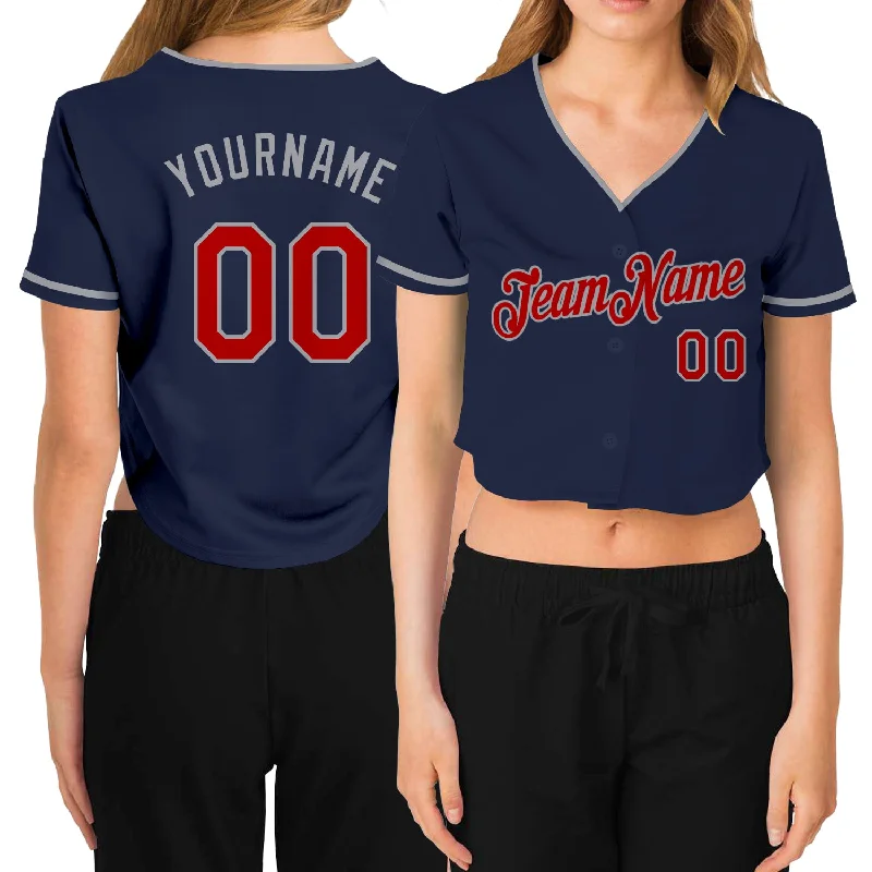 Premium quality baseball jerseys for adultsCustom Women's Navy Red-Gray V-Neck Cropped Baseball Jersey