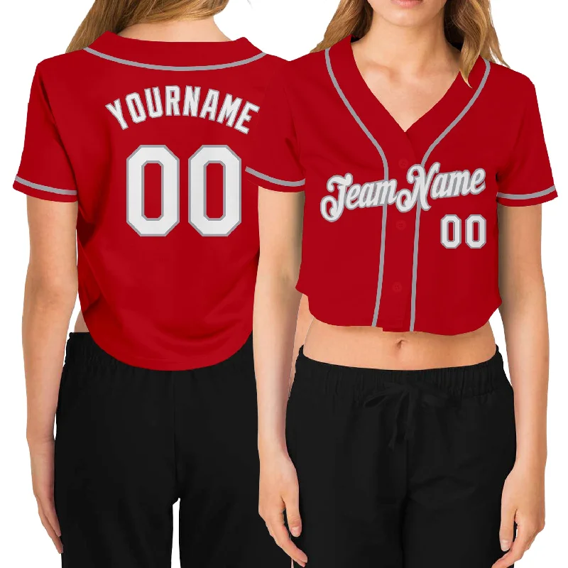 Comfortable baseball jerseys for warm weatherCustom Women's Red White-Gray V-Neck Cropped Baseball Jersey