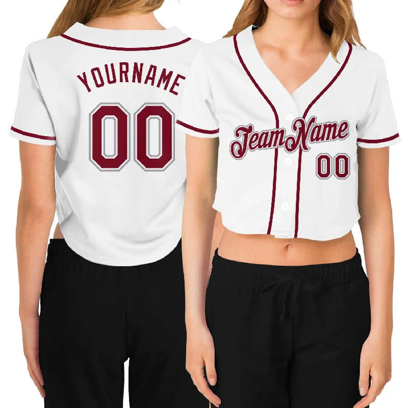 Custom baseball jerseys for teamsCustom Women's White Crimson-Gray V-Neck Cropped Baseball Jersey