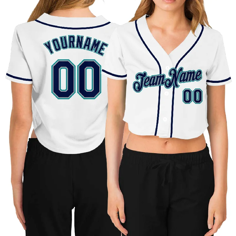 Baseball jerseys for summer leaguesCustom Women's White Navy Gray-Aqua V-Neck Cropped Baseball Jersey