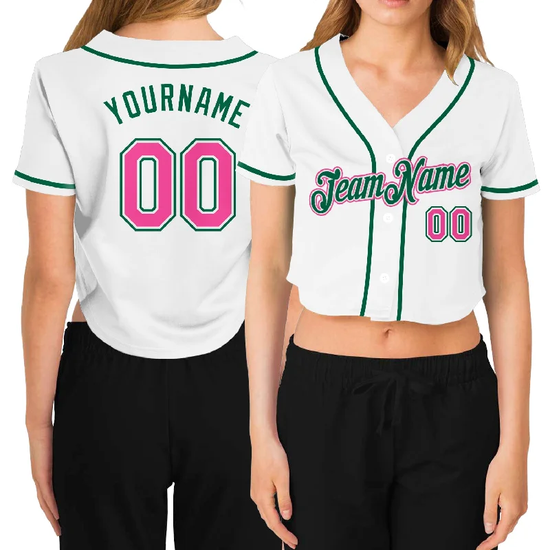 Baseball jerseys for summer leaguesCustom Women's White Pink-Green V-Neck Cropped Baseball Jersey