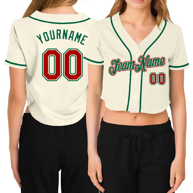 Customizable baseball jerseys with name and numberCustom Women's Cream Red-Kelly Green V-Neck Cropped Baseball Jersey