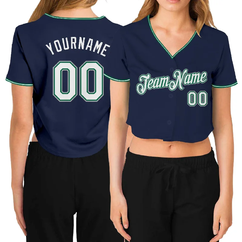 Personalized baseball jerseys for menCustom Women's Navy White Kelly Green-Gray V-Neck Cropped Baseball Jersey