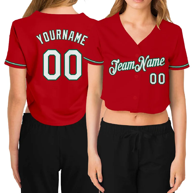 Customizable baseball jerseys with name and numberCustom Women's Red White-Kelly Green V-Neck Cropped Baseball Jersey