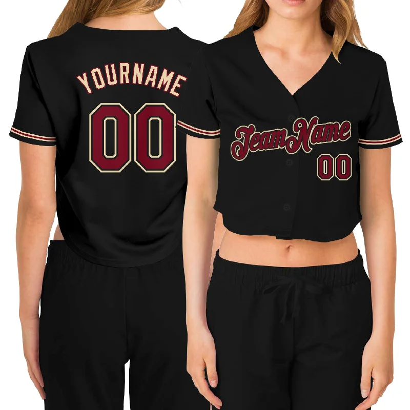 Customizable baseball jerseys with name and numberCustom Women's Black Crimson-City Cream V-Neck Cropped Baseball Jersey