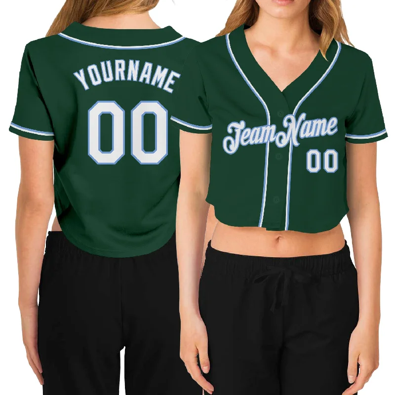 Vintage baseball jerseys for collectorsCustom Women's Green White-Light Blue V-Neck Cropped Baseball Jersey