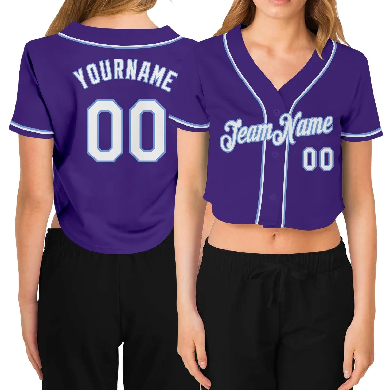 Baseball jerseys for youth athletesCustom Women's Purple White-Light Blue V-Neck Cropped Baseball Jersey