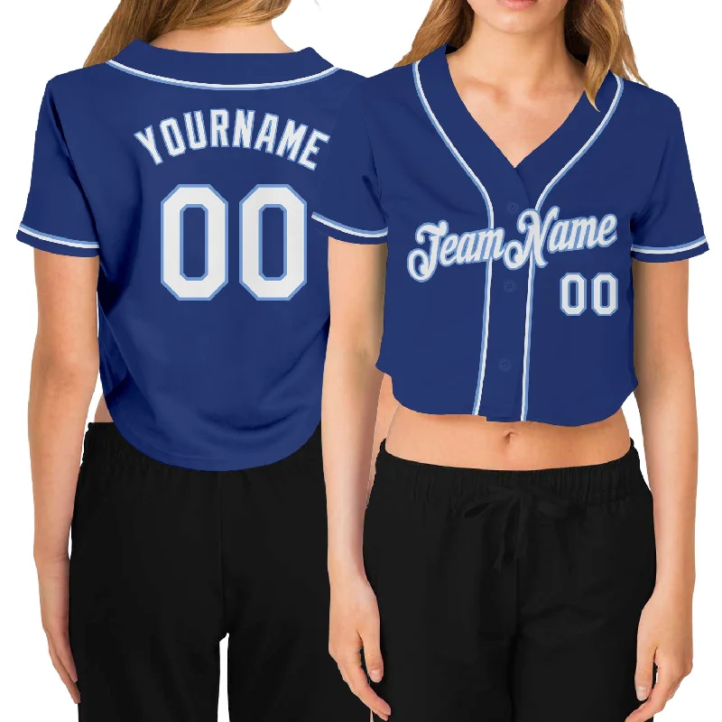 Personalized baseball jerseys for menCustom Women's Royal White-Light Blue V-Neck Cropped Baseball Jersey