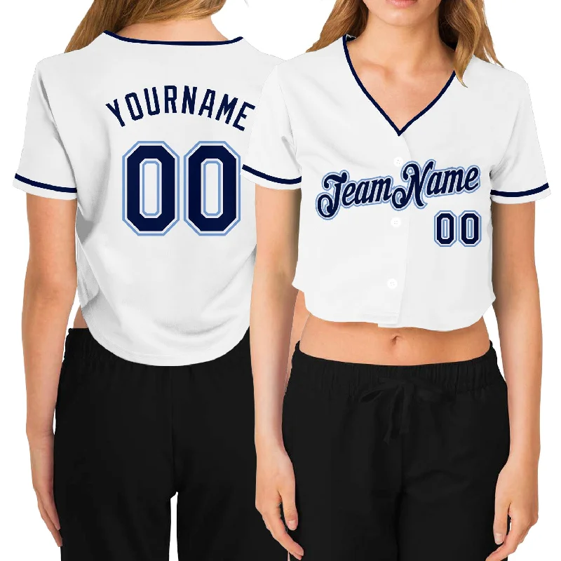 Youth baseball jerseys for boysCustom Women's White Navy-Light Blue V-Neck Cropped Baseball Jersey