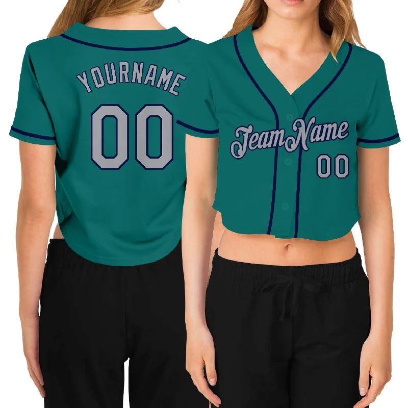 Softball team jerseys for womenCustom Women's Aqua Gray-Navy V-Neck Cropped Baseball Jersey