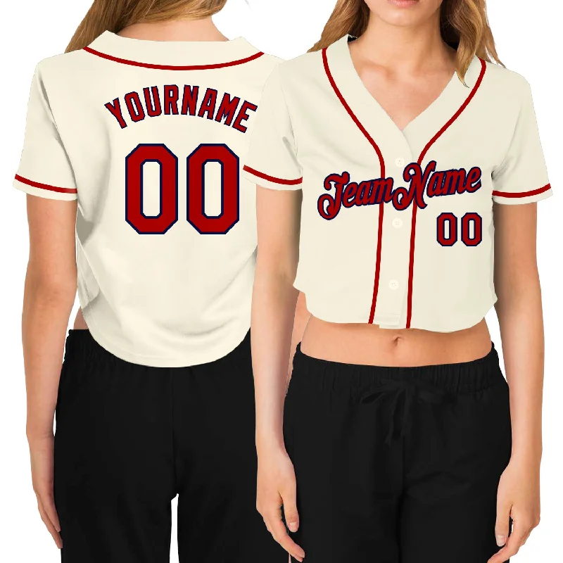 Vintage baseball jerseys for collectorsCustom Women's Cream Red-Navy V-Neck Cropped Baseball Jersey