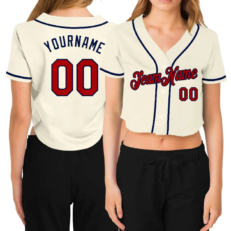 Custom baseball jerseys for teamsCustom Women's Cream Red-Navy V-Neck Cropped Baseball Jersey