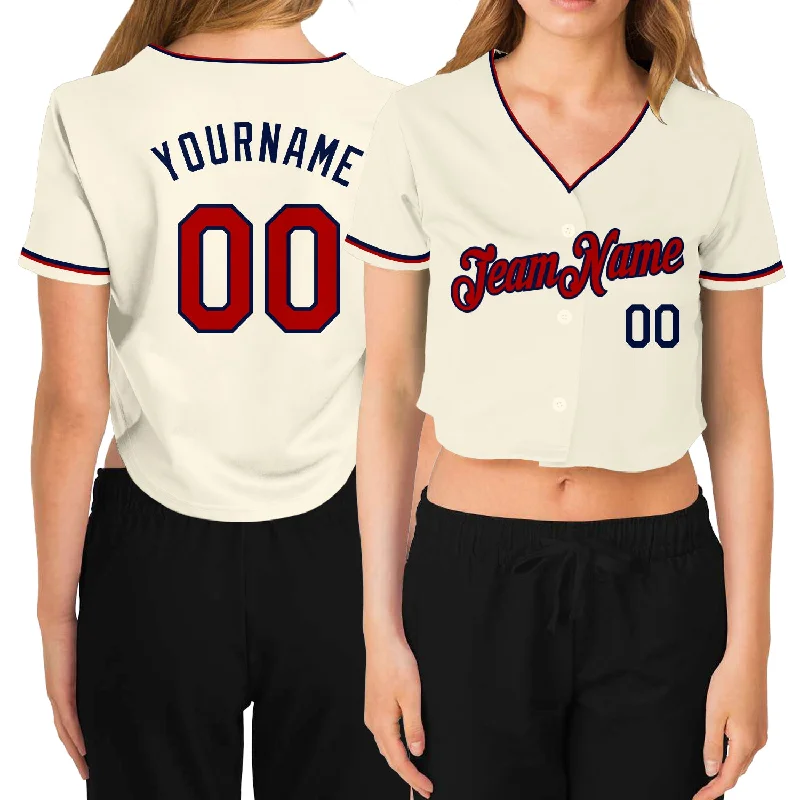 Vintage baseball jerseys for collectorsCustom Women's Cream Red-Navy V-Neck Cropped Baseball Jersey