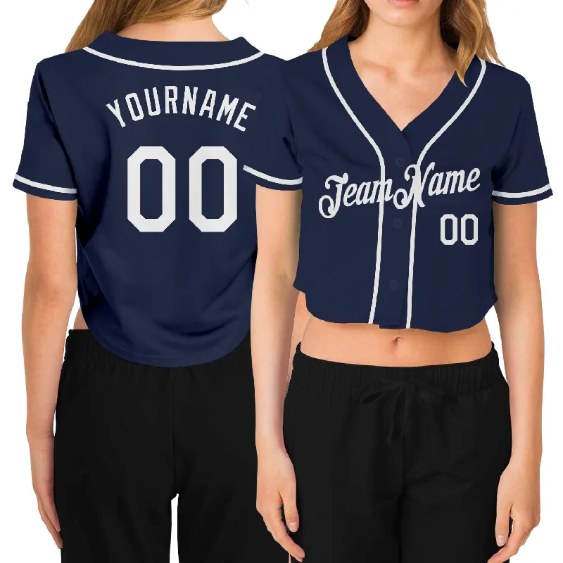 Vintage baseball jerseys for collectorsCustom Women's Navy White V-Neck Cropped Baseball Jersey