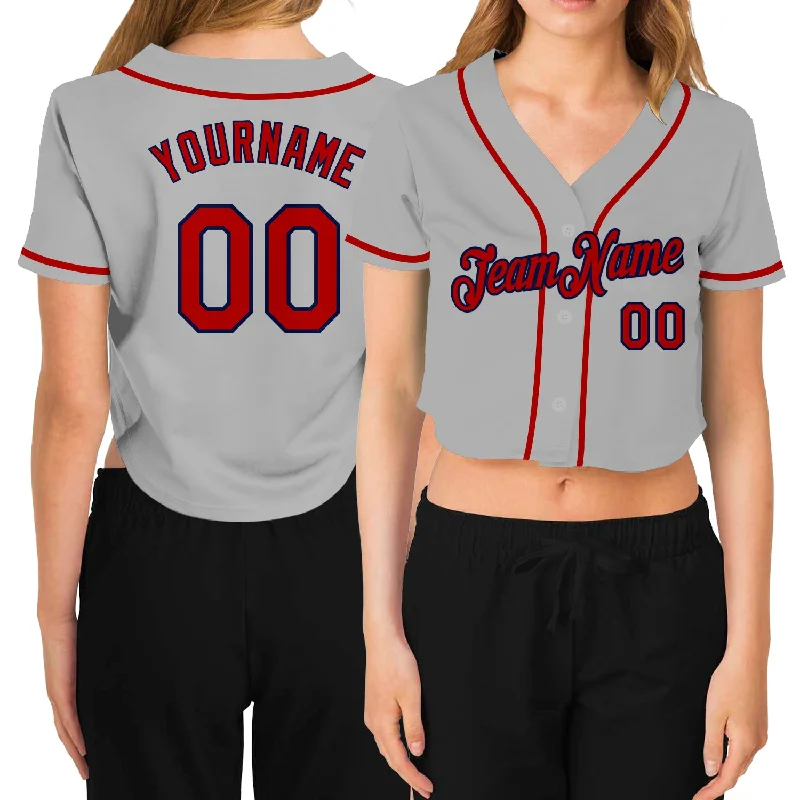 Baseball jerseys for summer leaguesCustom Women's Gray Red-Navy V-Neck Cropped Baseball Jersey