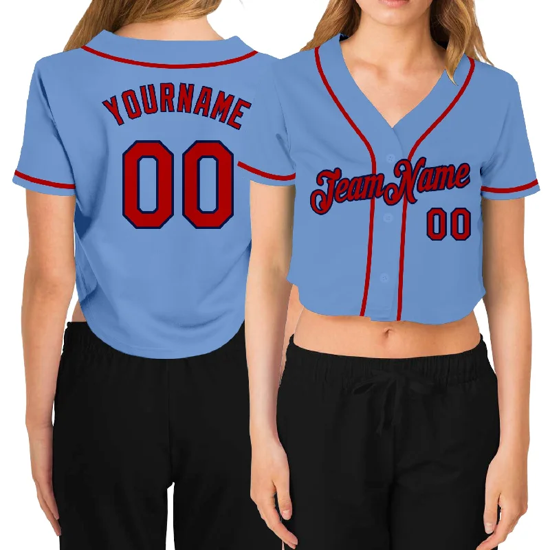 Premium quality baseball jerseys for adultsCustom Women's Light Blue Red-Navy V-Neck Cropped Baseball Jersey