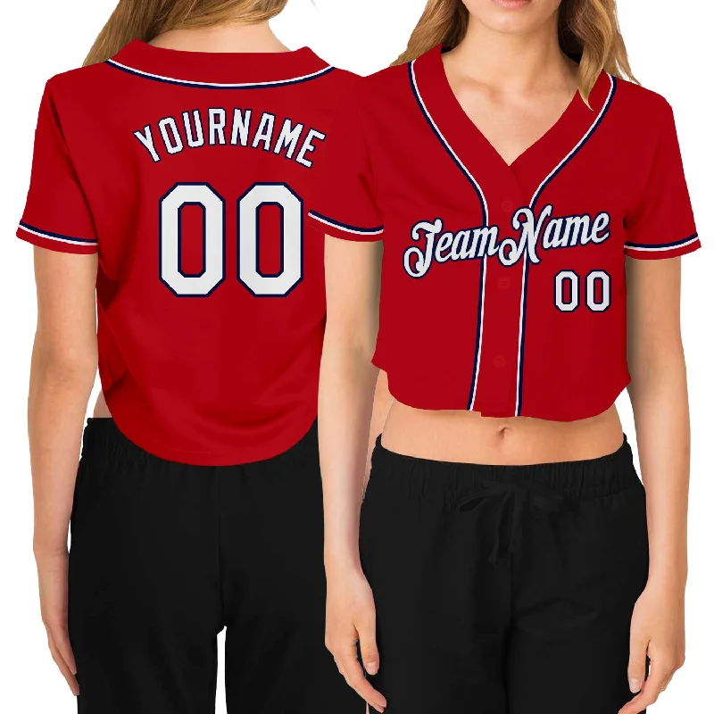 Premium quality baseball jerseys for adultsCustom Women's Red White-Navy V-Neck Cropped Baseball Jersey