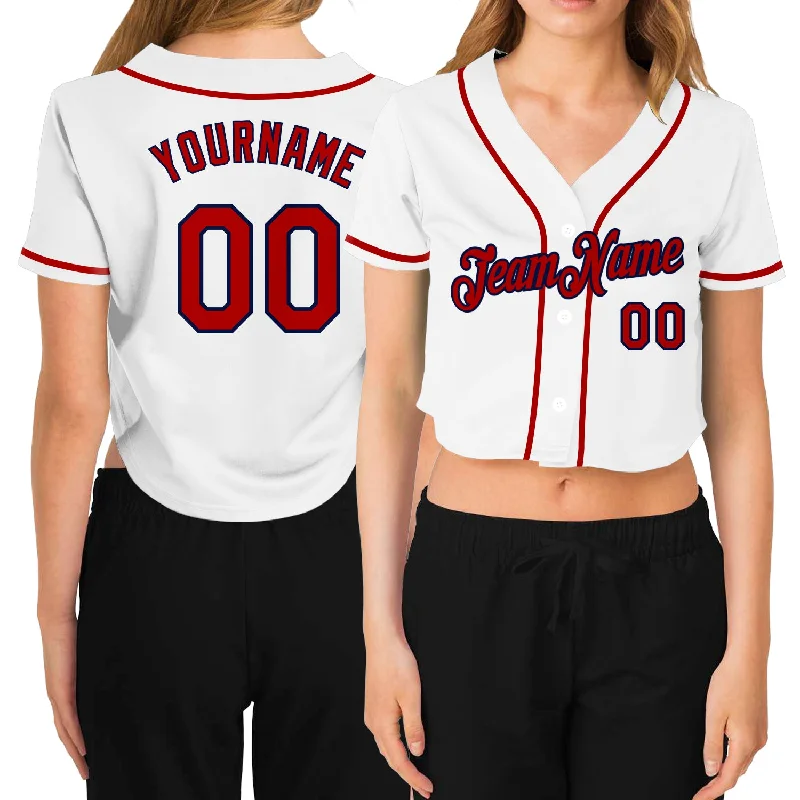 Custom baseball jerseys for teamsCustom Women's White Red-Navy V-Neck Cropped Baseball Jersey