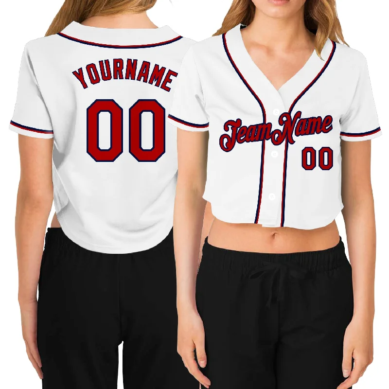 Premium quality baseball jerseys for adultsCustom Women's White Red-Navy V-Neck Cropped Baseball Jersey