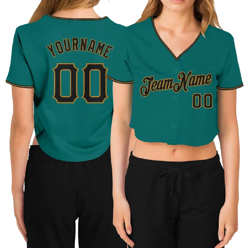 Personalized baseball jerseys for menCustom Women's Aqua Black-Old Gold V-Neck Cropped Baseball Jersey