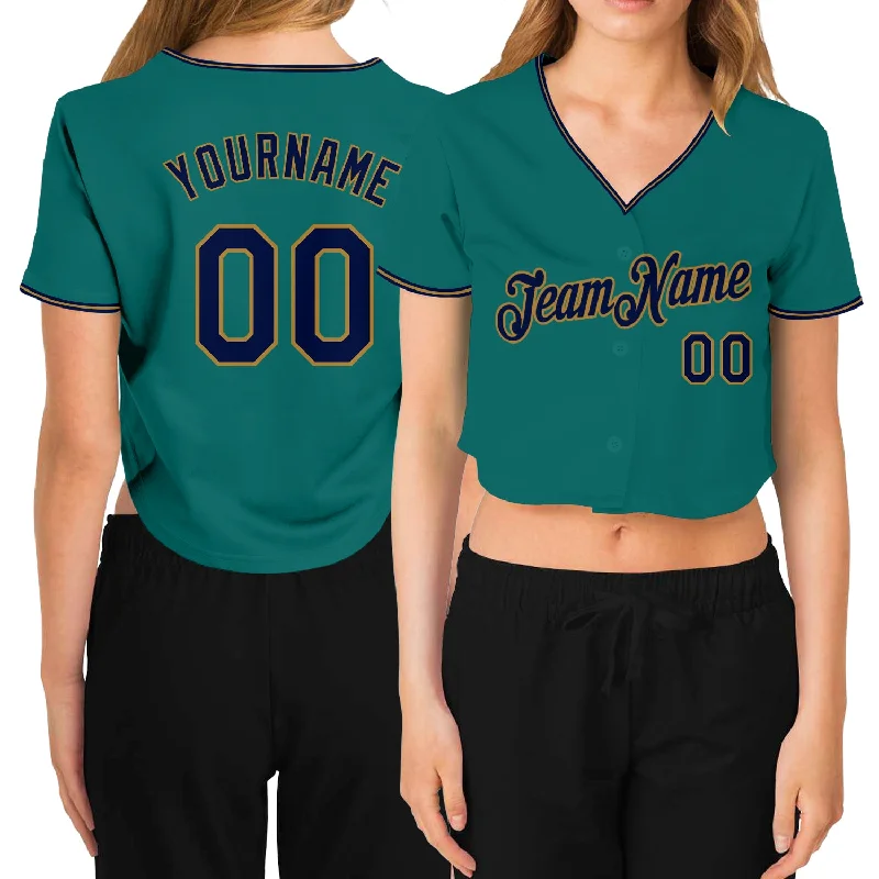 Comfortable baseball jerseys for warm weatherCustom Women's Aqua Navy-Old Gold V-Neck Cropped Baseball Jersey