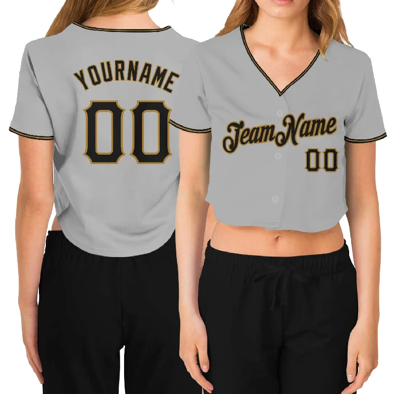 Youth baseball jerseys for boysCustom Women's Gray Black-Old Gold V-Neck Cropped Baseball Jersey