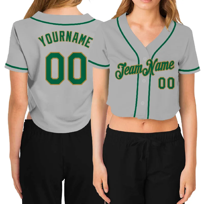 Custom baseball jerseys for teamsCustom Women's Gray Kelly Green-Old Gold V-Neck Cropped Baseball Jersey