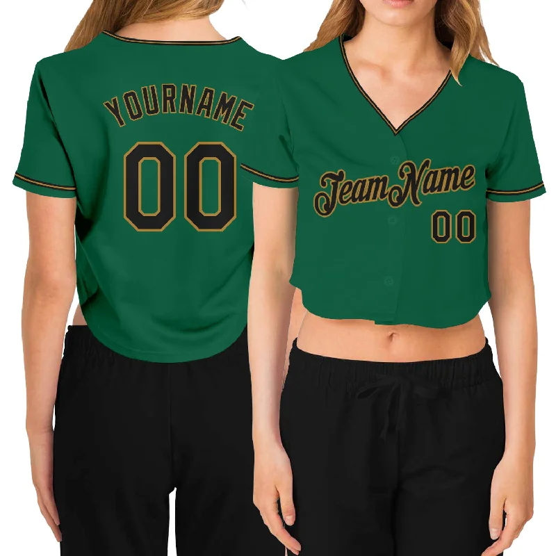 Baseball jerseys for youth athletesCustom Women's Kelly Green Black-Old Gold V-Neck Cropped Baseball Jersey