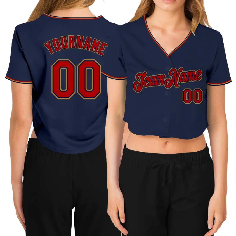 Custom baseball jerseys for teamsCustom Women's Navy Red-Old Gold V-Neck Cropped Baseball Jersey