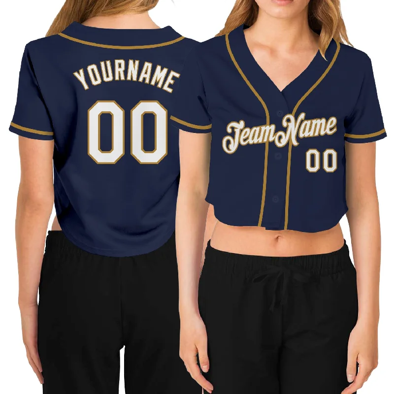 Baseball jerseys for summer leaguesCustom Women's Navy White-Old Gold V-Neck Cropped Baseball Jersey