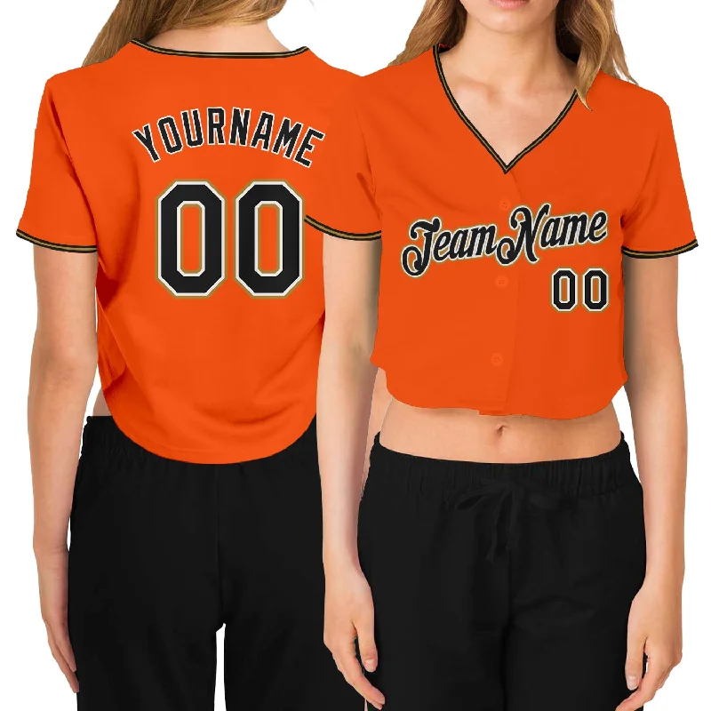 Baseball jerseys for summer leaguesCustom Women's Orange Black Old Gold-White V-Neck Cropped Baseball Jersey