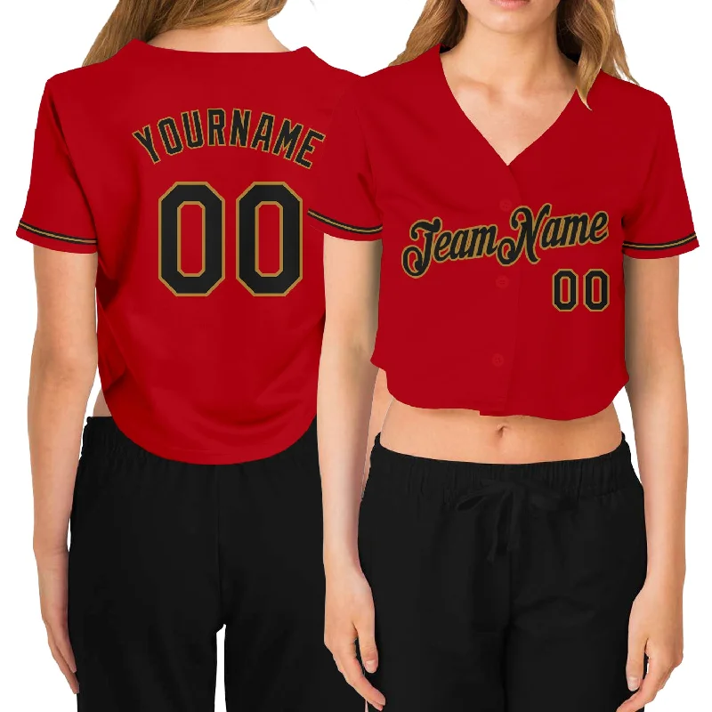 Softball team jerseys for womenCustom Women's Red Black-Old Gold V-Neck Cropped Baseball Jersey